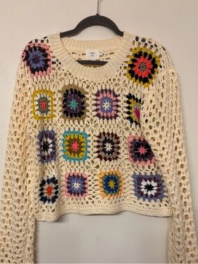 Luna Ivy Anthropologie Women’s Granny Square Cropped Crochet Sweater Size Large